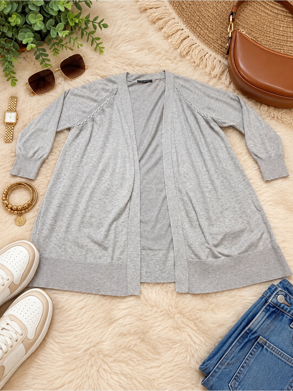 Verve Ami Light Gray Open Front Long Cardigan Sweater Knit Duster